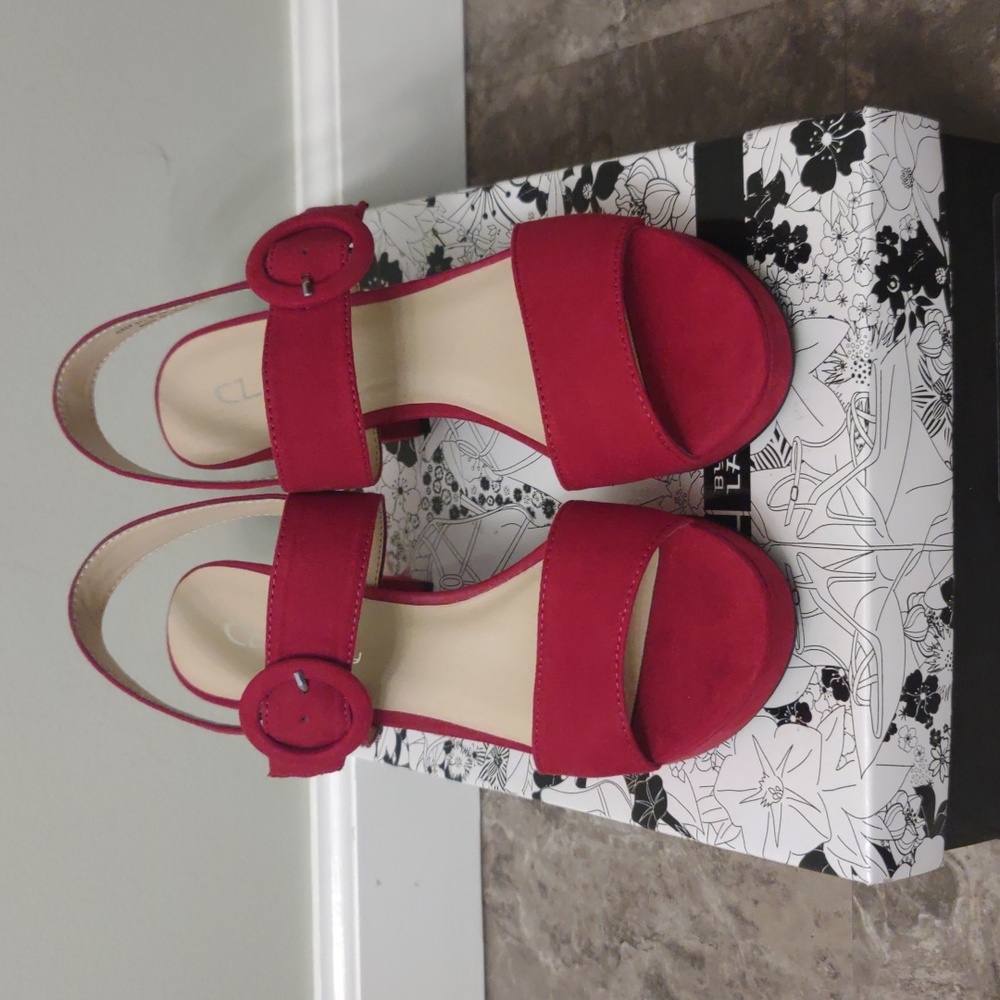 Ruby Red Suede Strap Chunky Heels